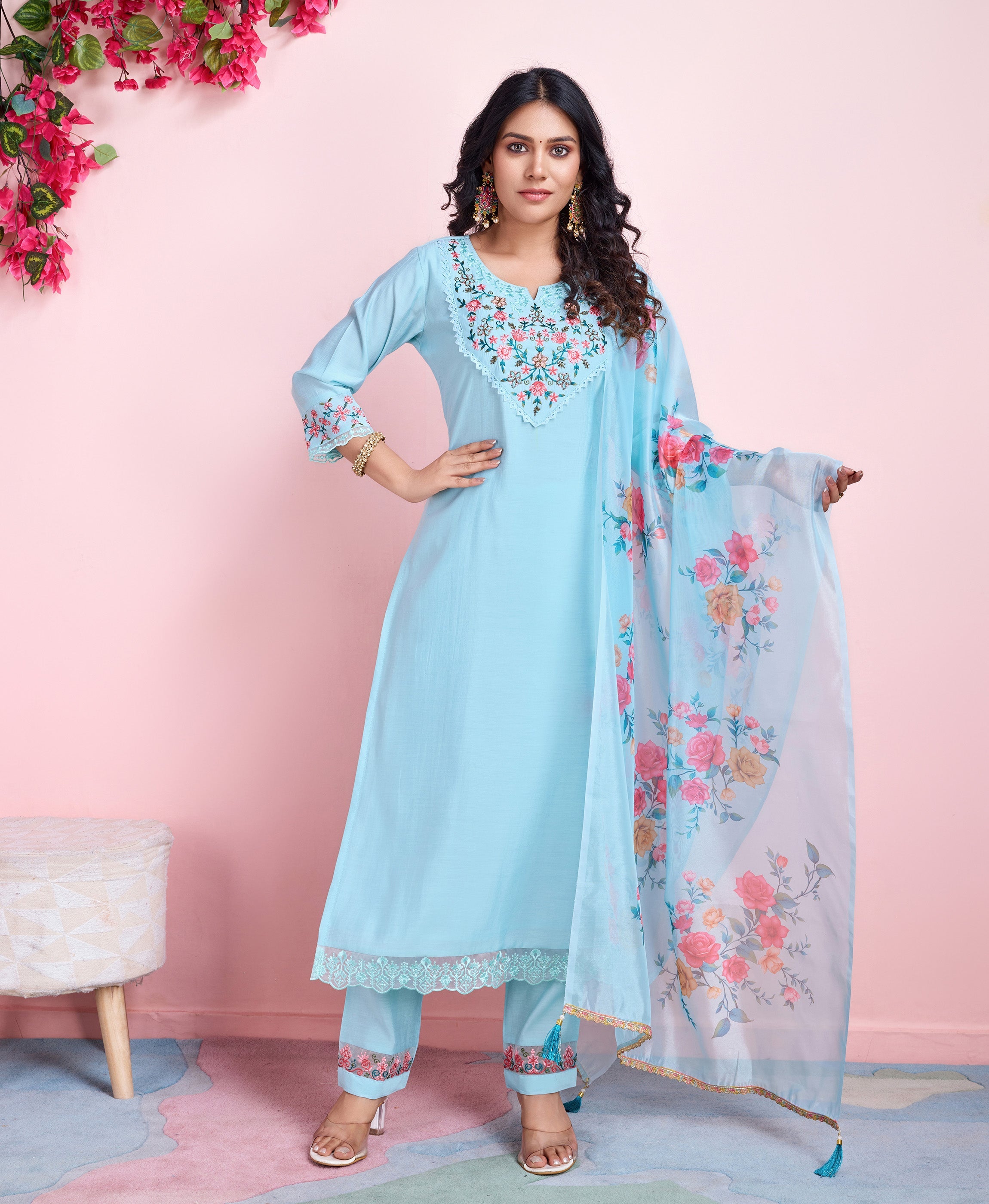 Sky Blue Viscose Silk Floral Embroidered Straight Kurti Set